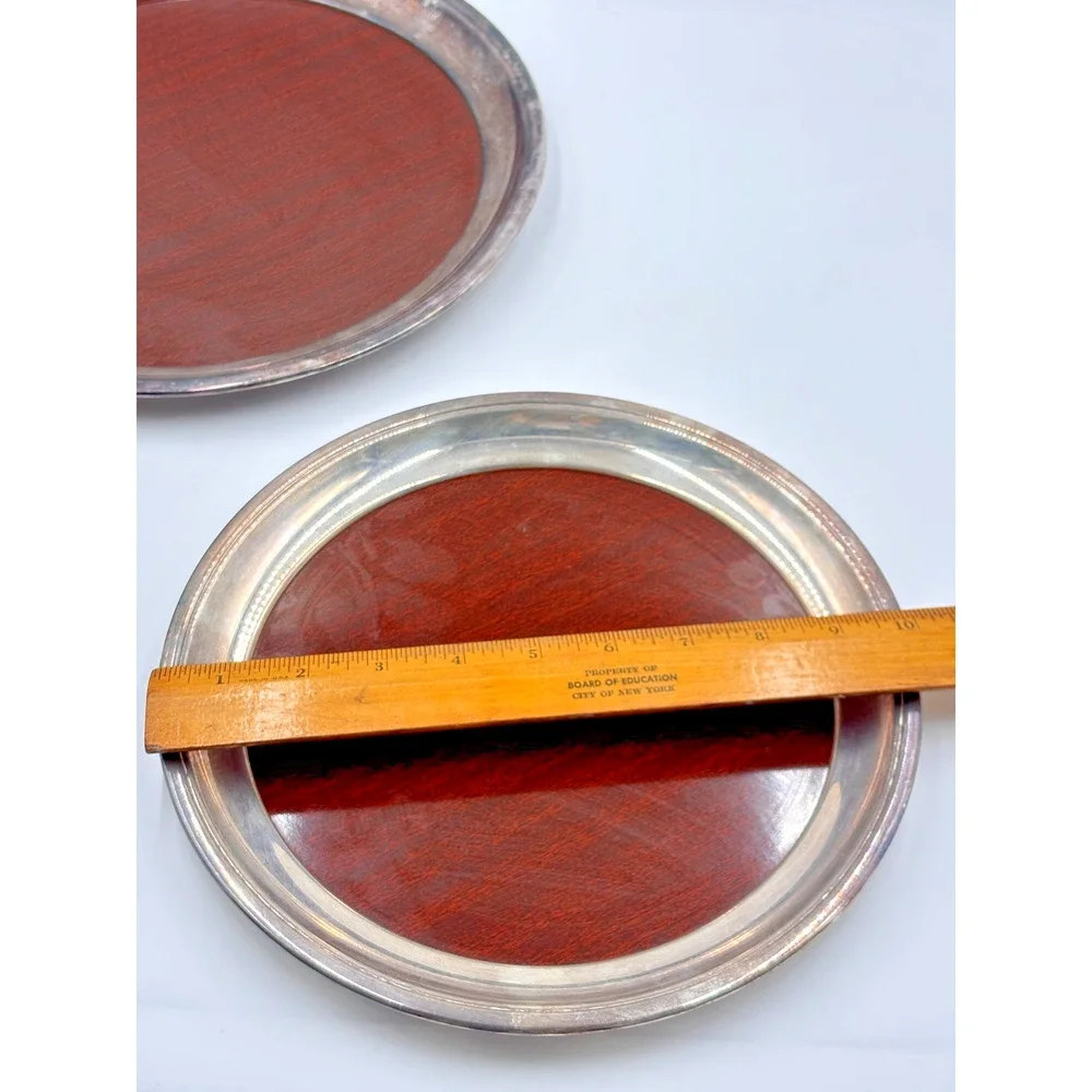 Vintage Crescent Silverplate Formica Coaster Set Wood Grain Bar Trays MCM